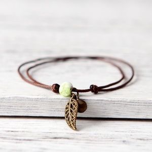 ceramic green bead bracelet leaf faux leather